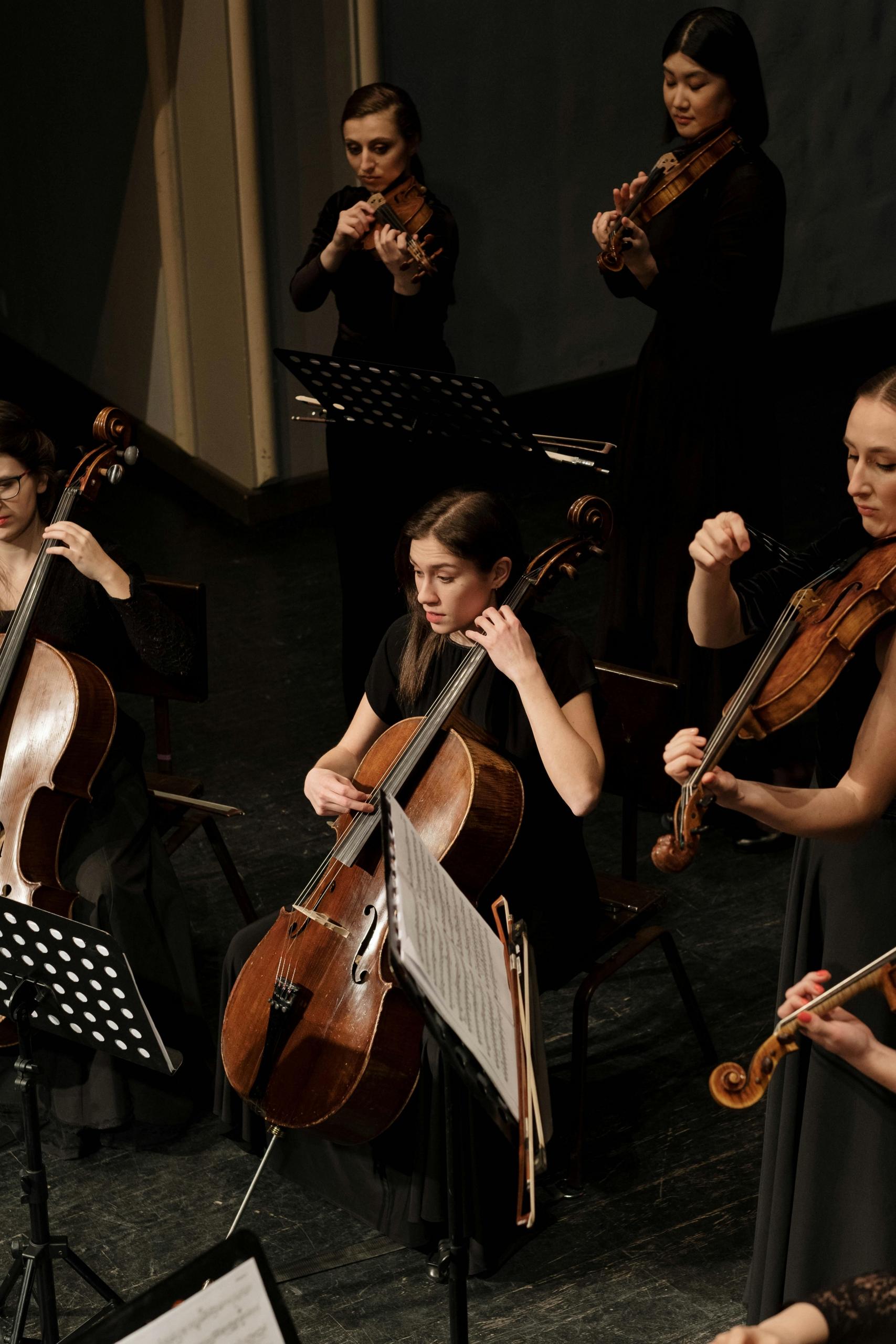 A mix of string instrument players performing