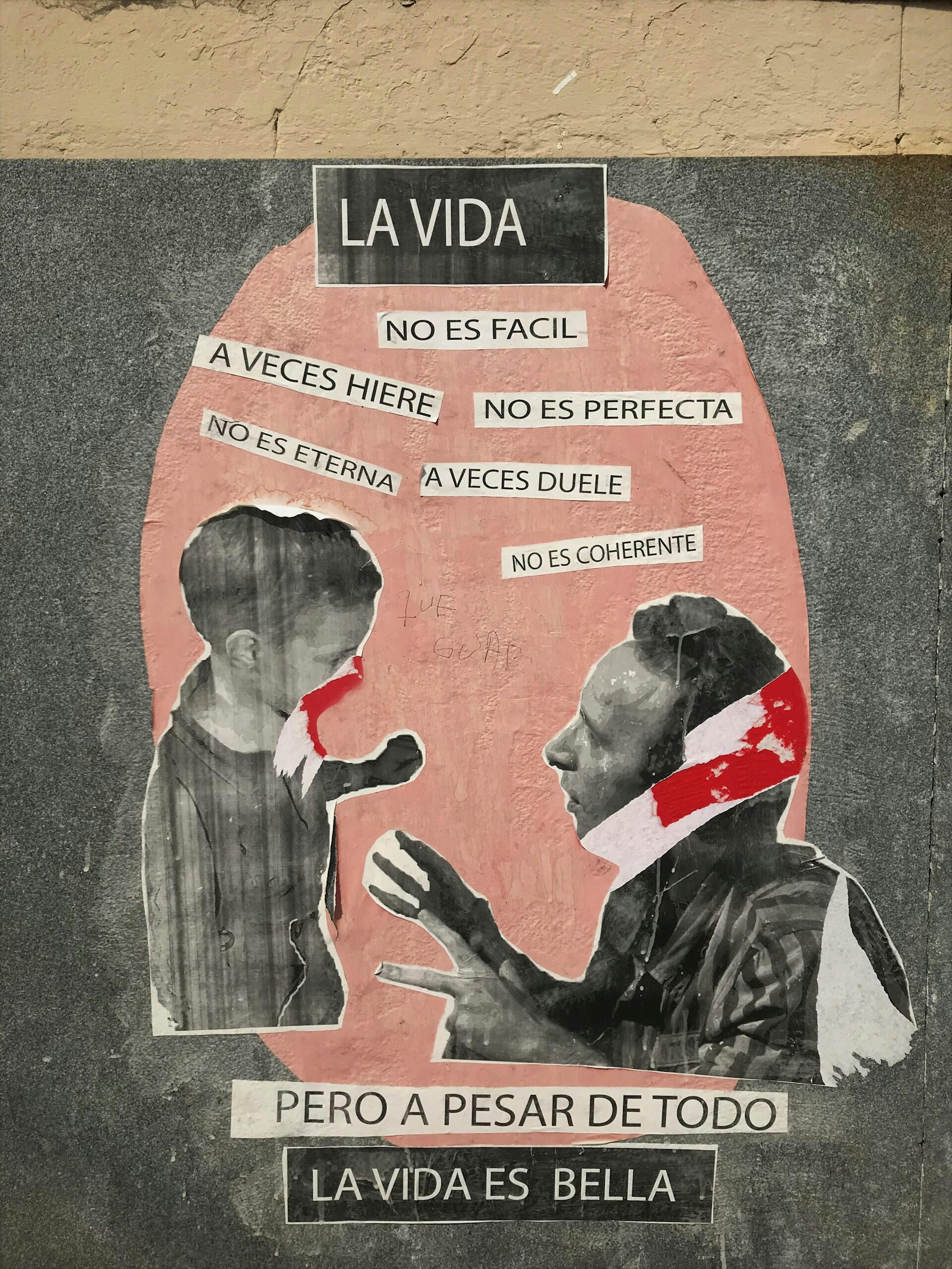 an art project featuring a collage of pictures and Spanish sentences