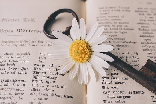 A flower, a key, and an Old English book. Translation books are very helpful when traveling to a country that speaks a language you don't. Take ESL classes, so you won't have to travel with a translation book the next time you vacation in an English-speaking country!