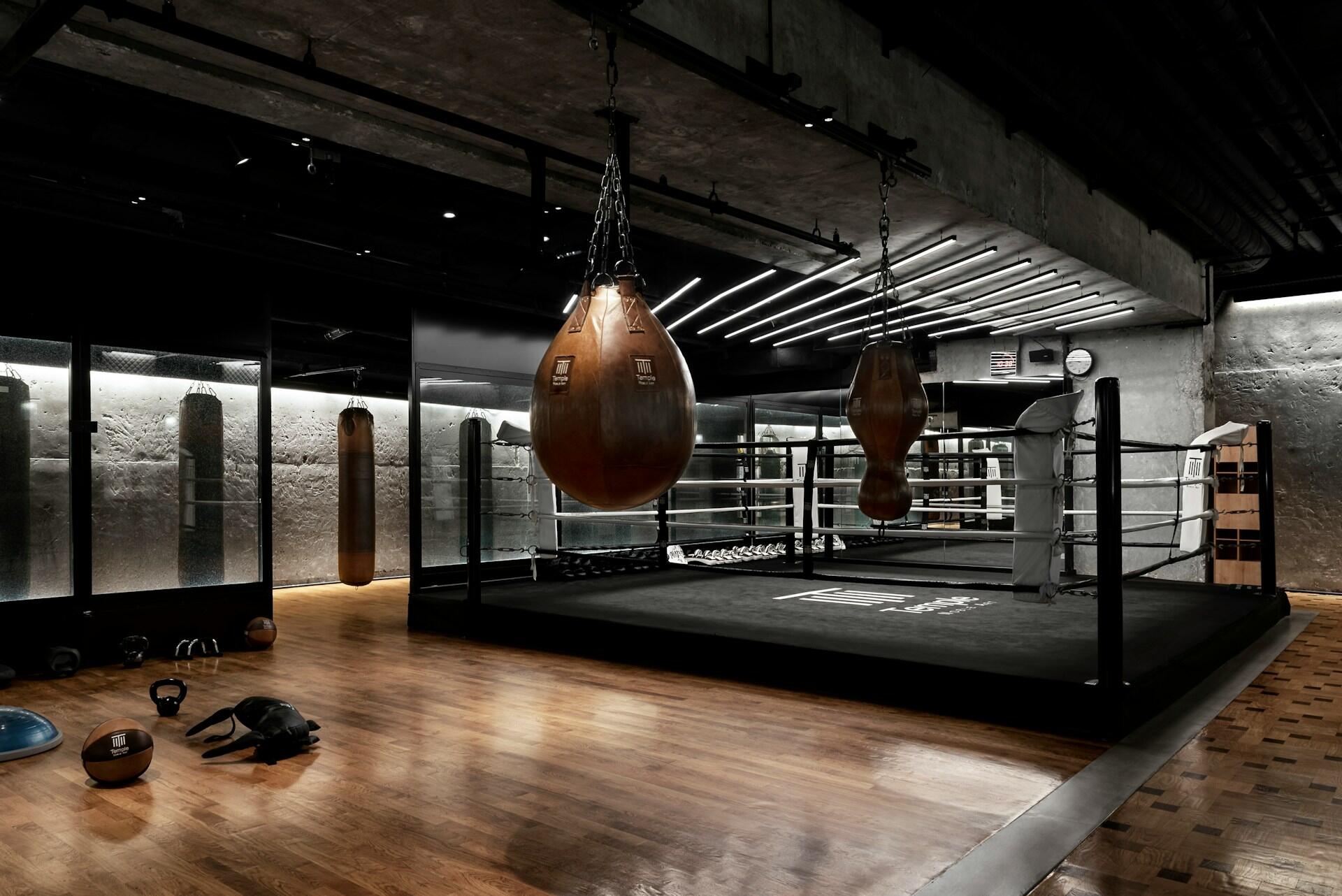 Boxing equipment and punching bags hanging at a gym.
