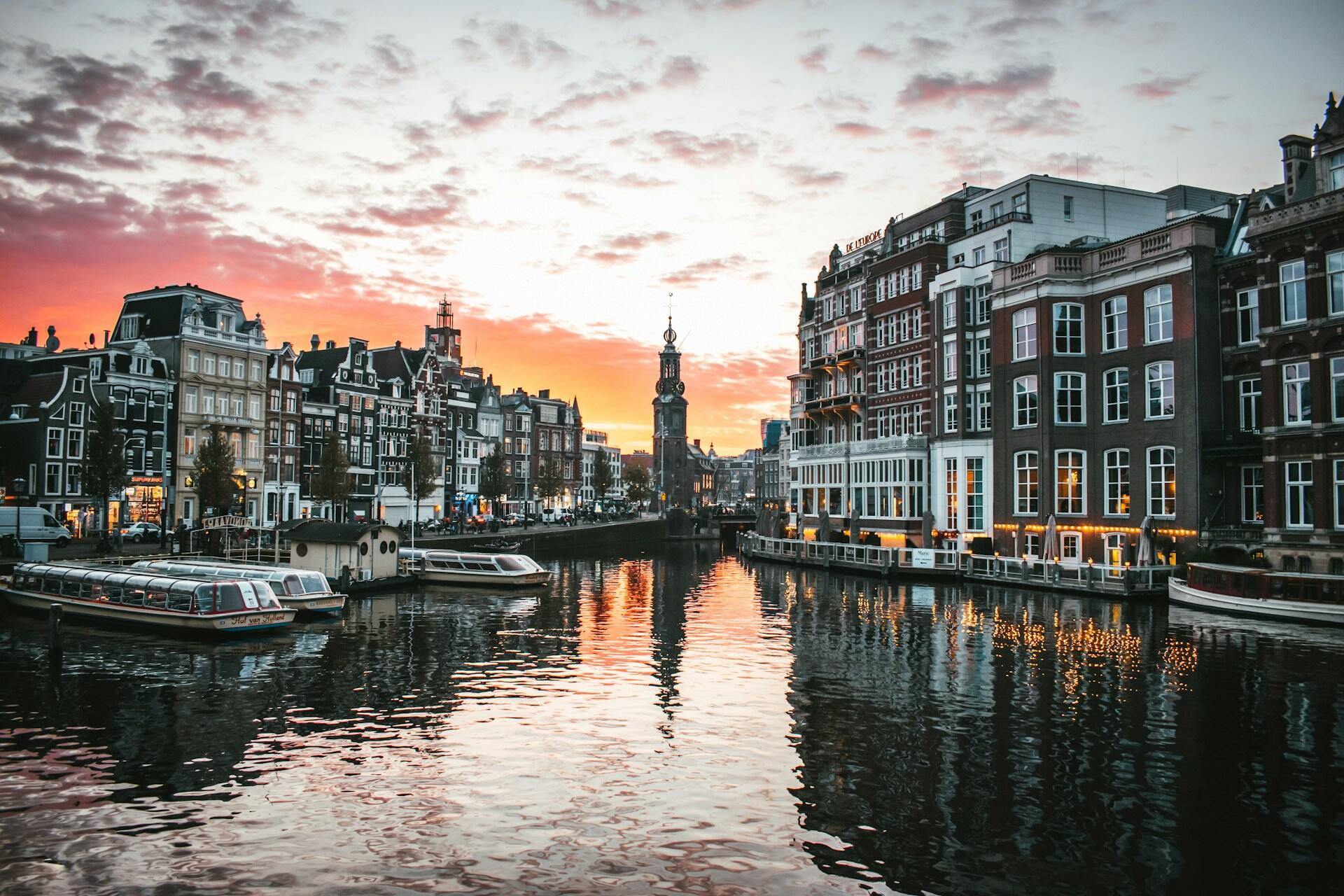 A view of the sunset in Muntplein, Amsterdam, the Netherlands.