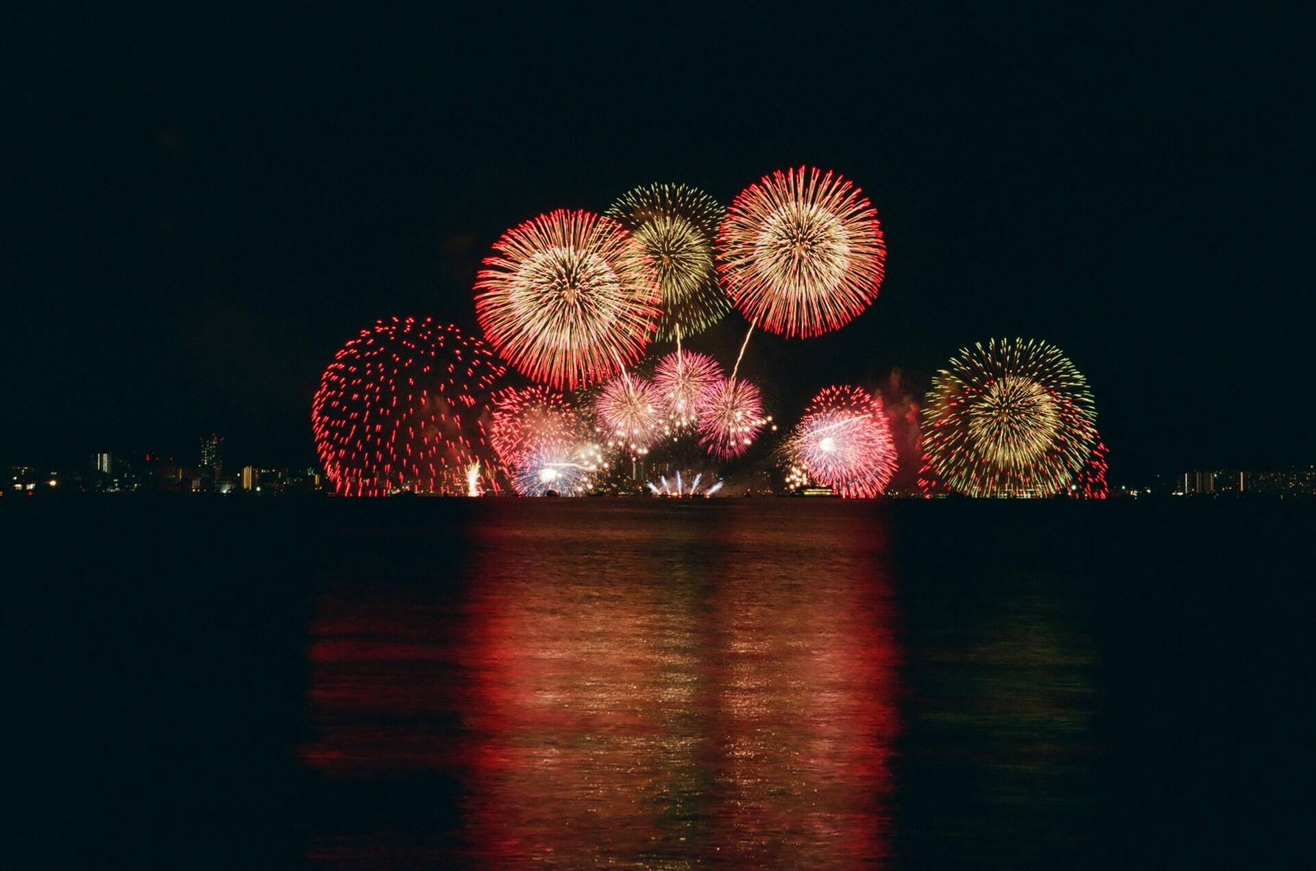 Fireworks behind the water.