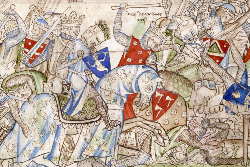 Illustrated medieval manuscript scene depicting armoured knights fighting on horseback during a battle.