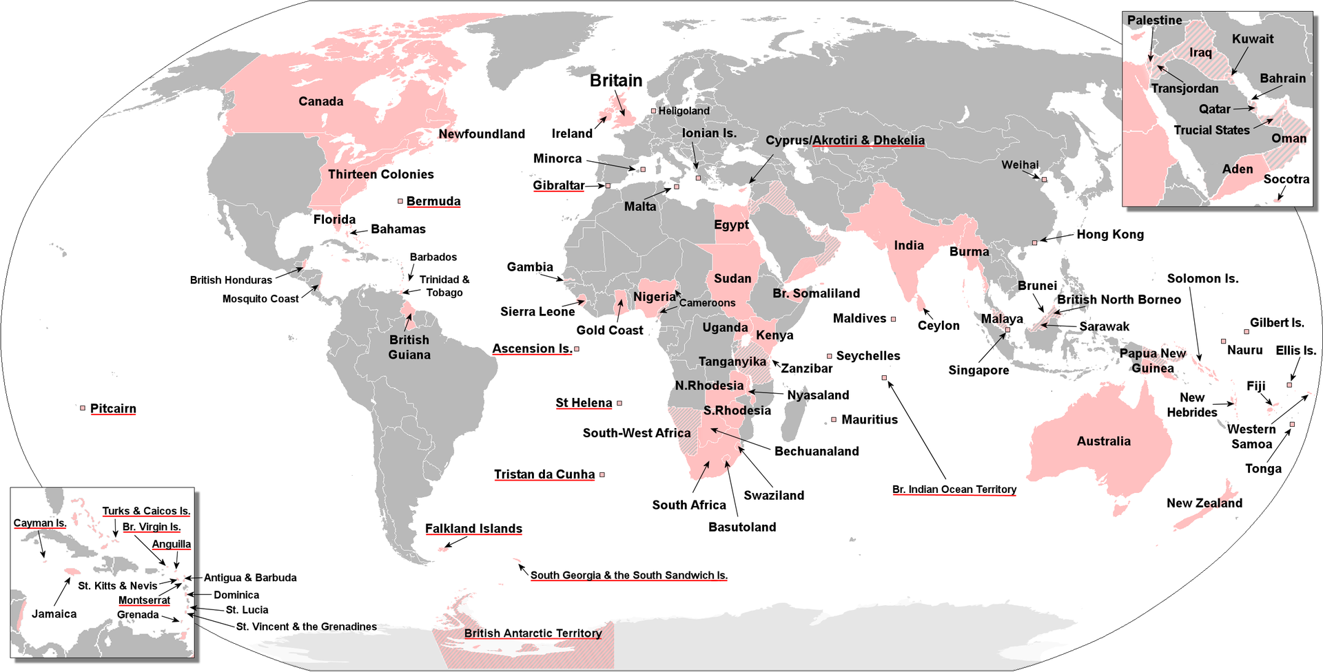 British Empire and overseas territories on a map of the world