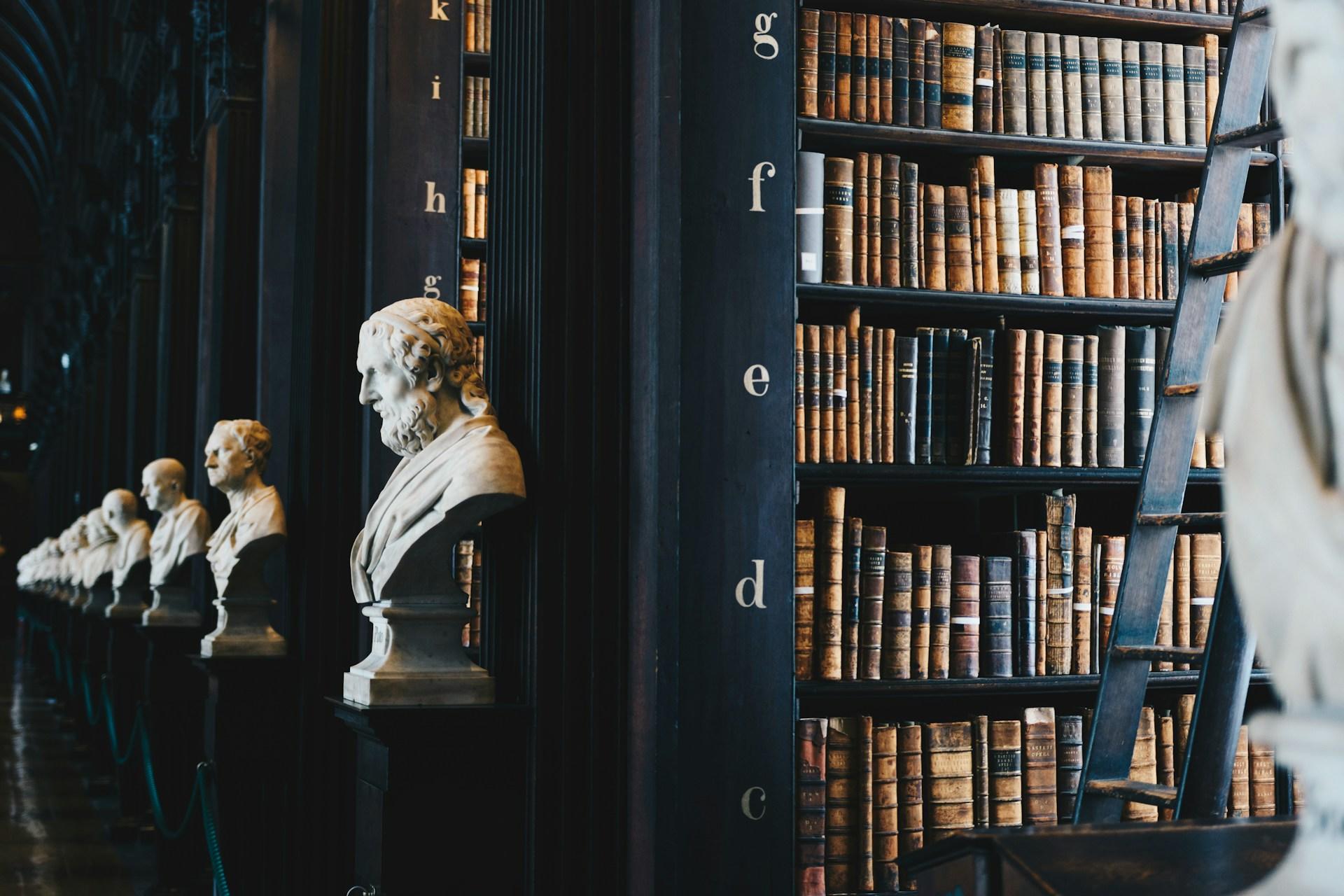 Stone heads in a library filled with books.
