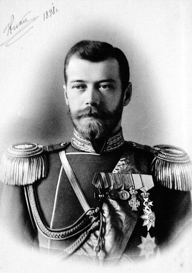 A black and white photo of Nicholas II of Russia.