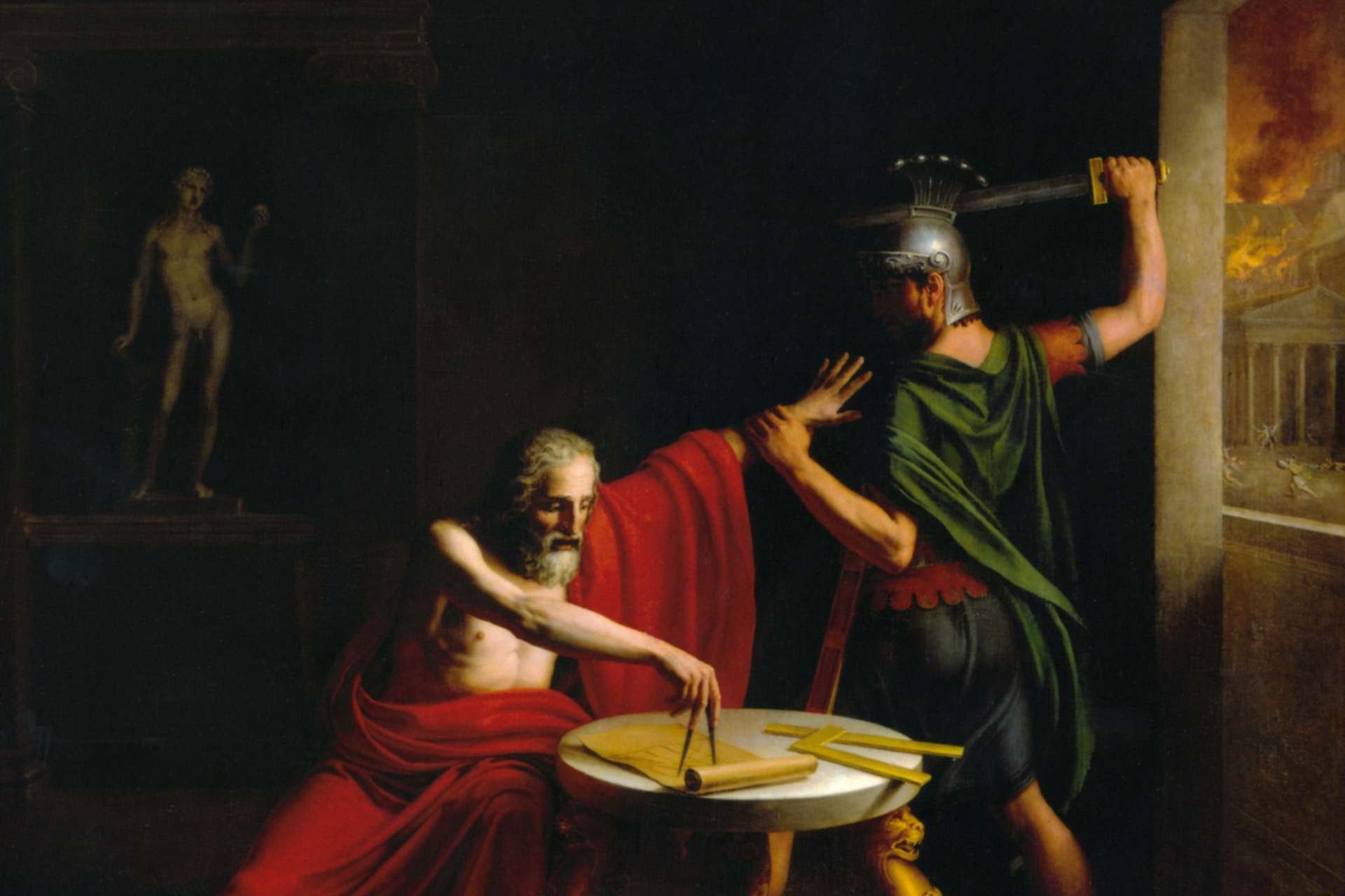 Roman soldier raising a sword while Archimedes sits at a table drawing geometric figures