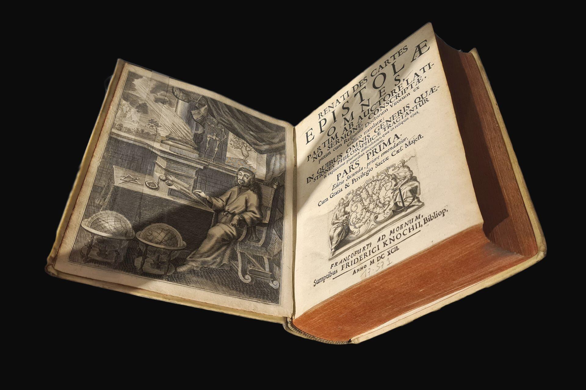 Open antique book titled Renati Des Cartes Epistolae with engraved illustration