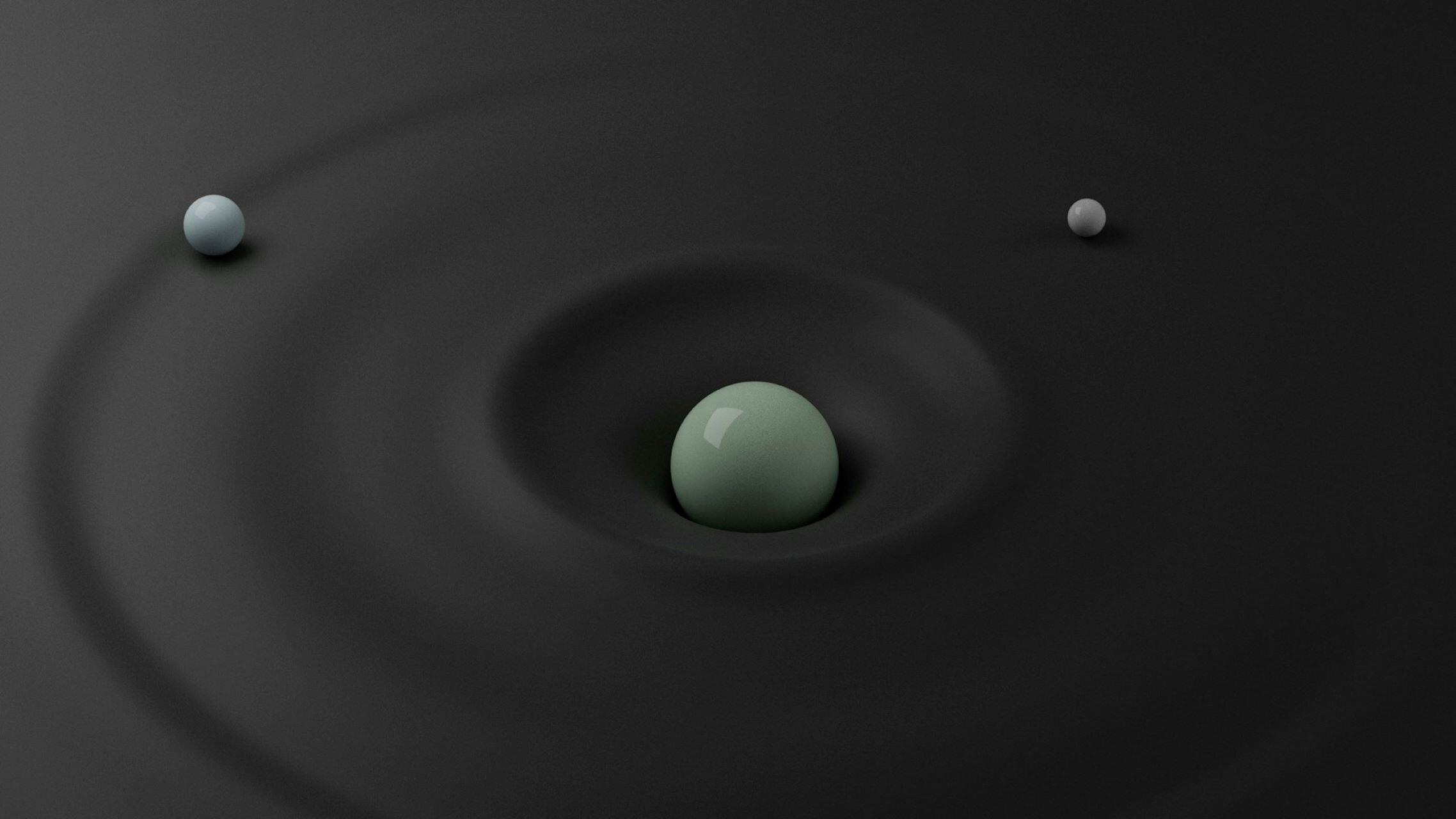 Large sphere creating a curved depression in a surface with smaller spheres around it