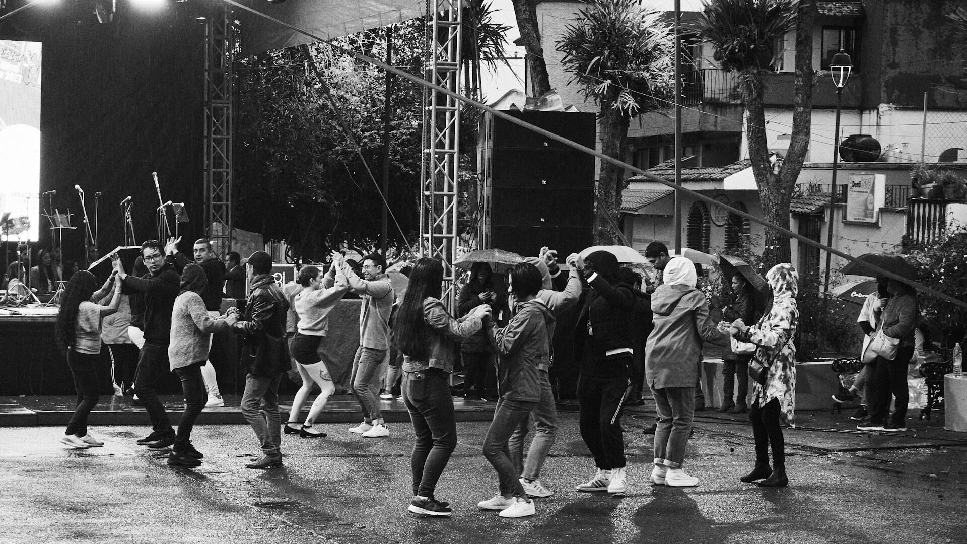 Outdoor dancing in black and white.
