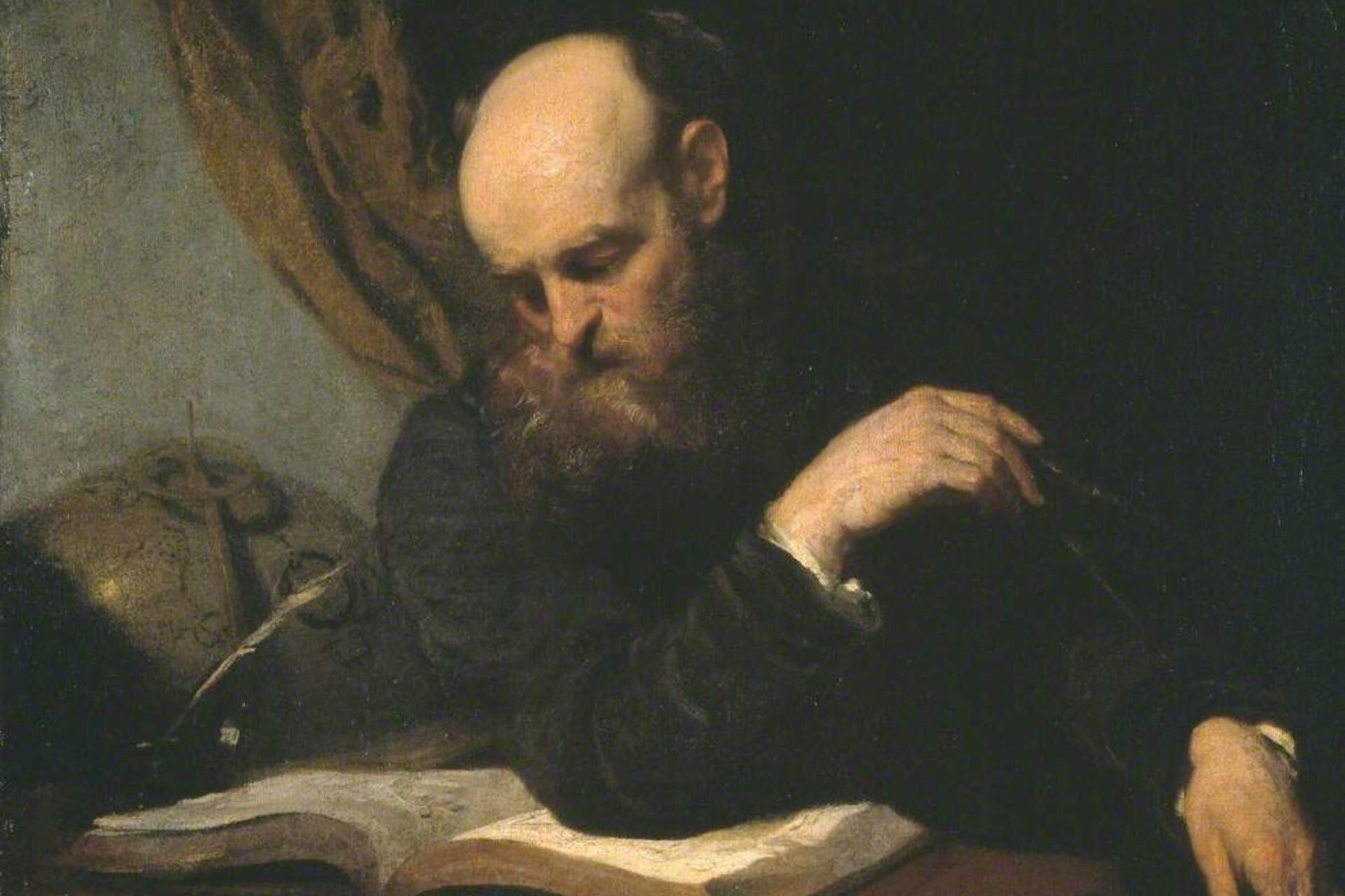 Painting of Archimedes studying a book at a desk beside a scientific instrument