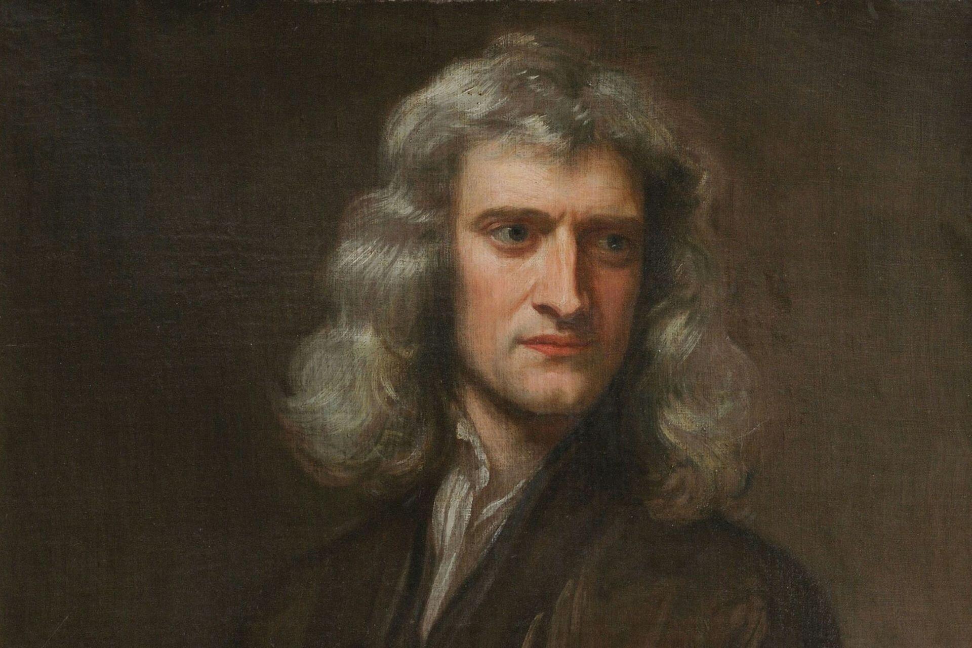 Portrait painting of Isaac Newton with long hair and dark clothing