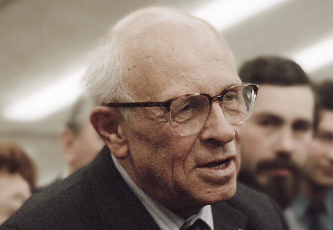 Andrei Sakharov gives a speech at a formal event.