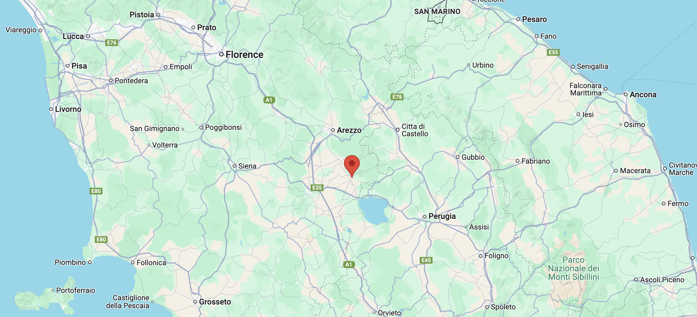 A screenshot of Cortona, Italy on Google Maps.