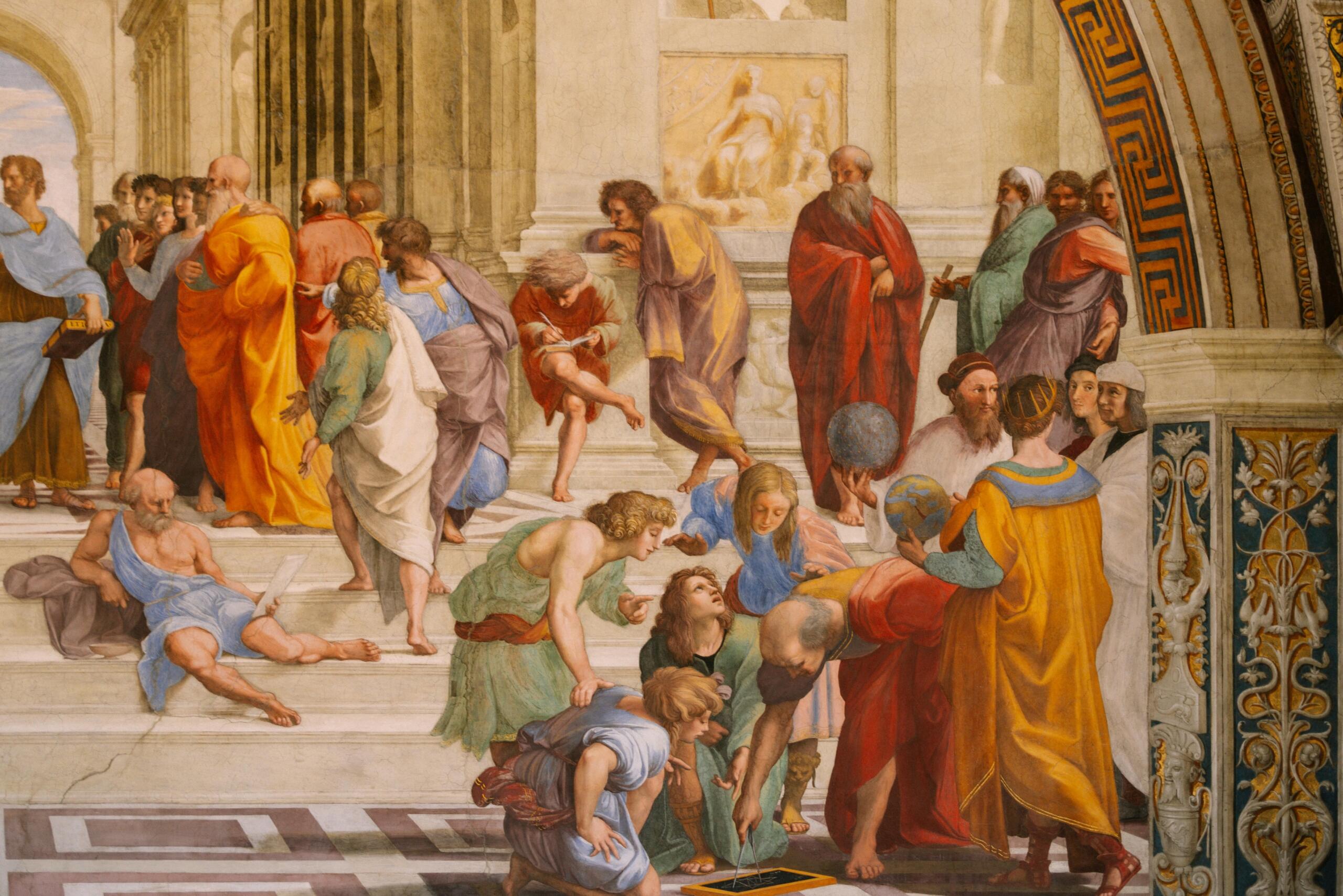 Renaissance painting showing philosophers in a grand architectural setting.