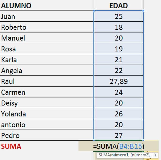 The sum function being used in Microsoft Excel