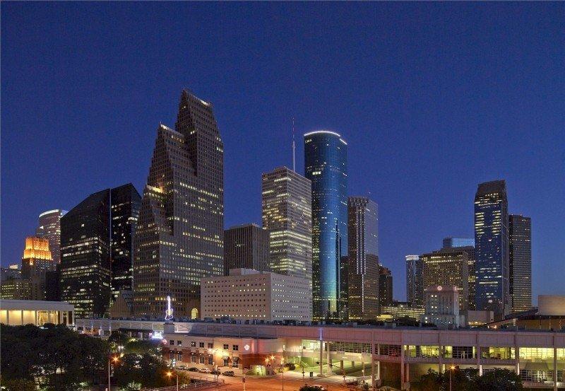 Houston's skyline at dusk.