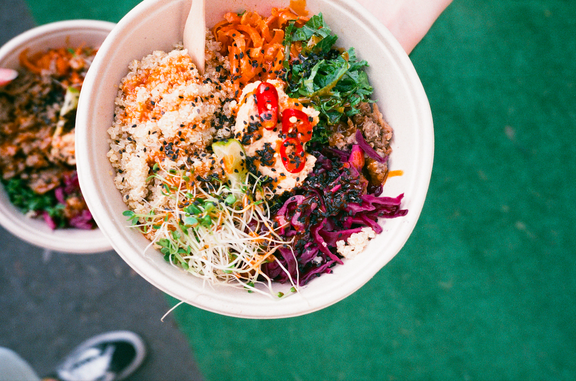 Bowl of rice, vegetables, beans, lentils. 