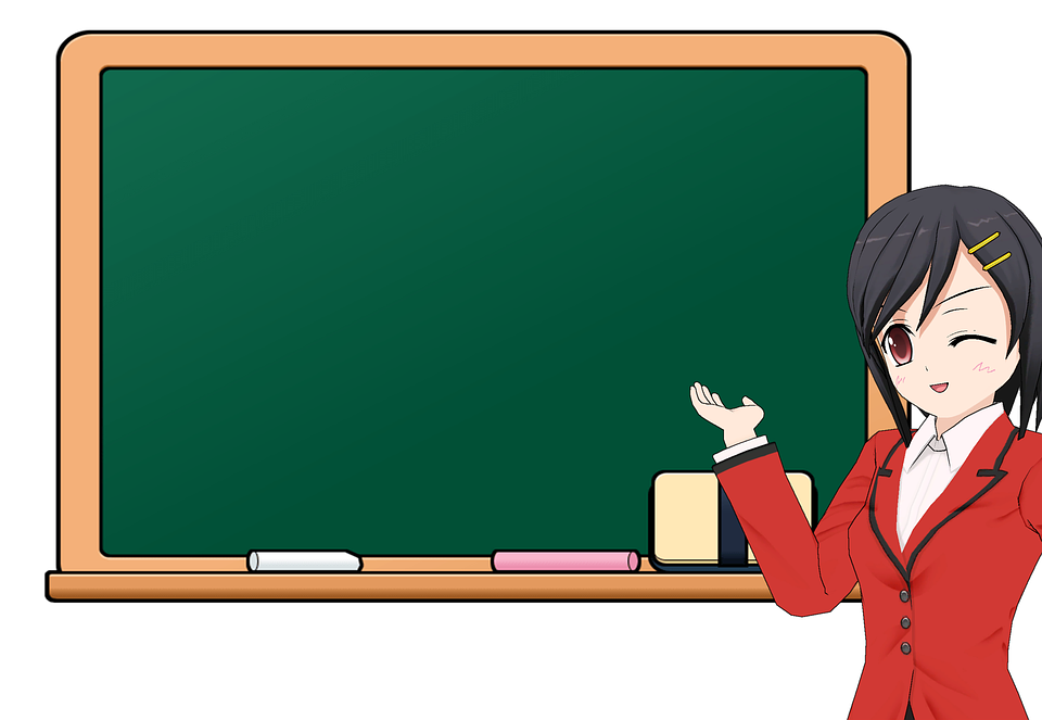 An anime character in front of a green board