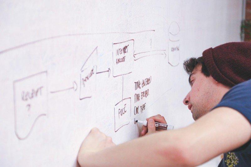 A tutor writes on a whiteboard. 