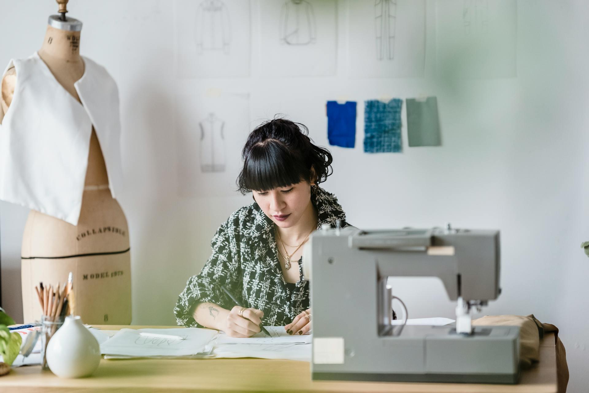 woman learning how to design clothing patterns near a sewing machine