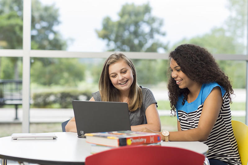 Two students study on their laptop.