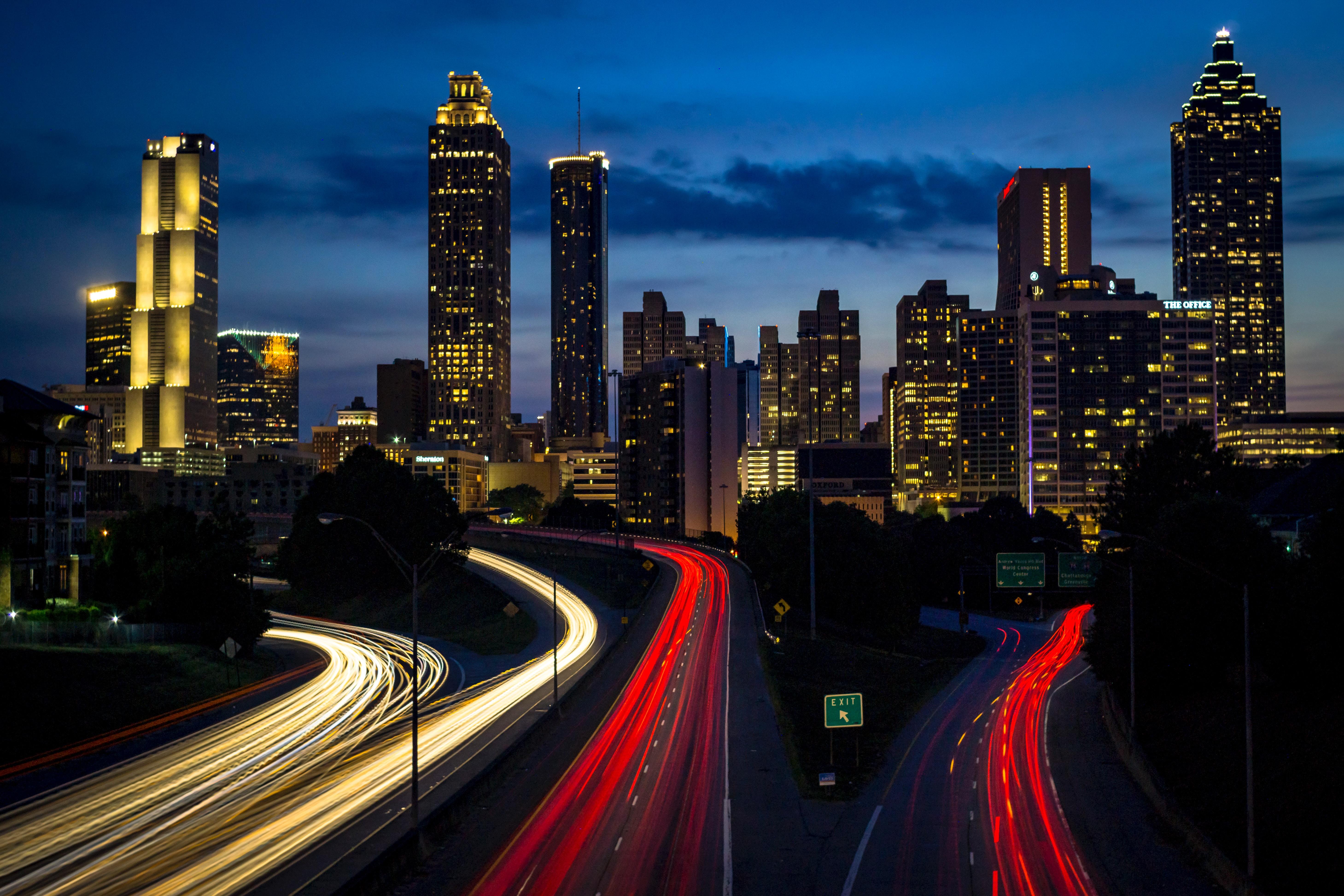 The skyline of the city of Atlanta around dusk.