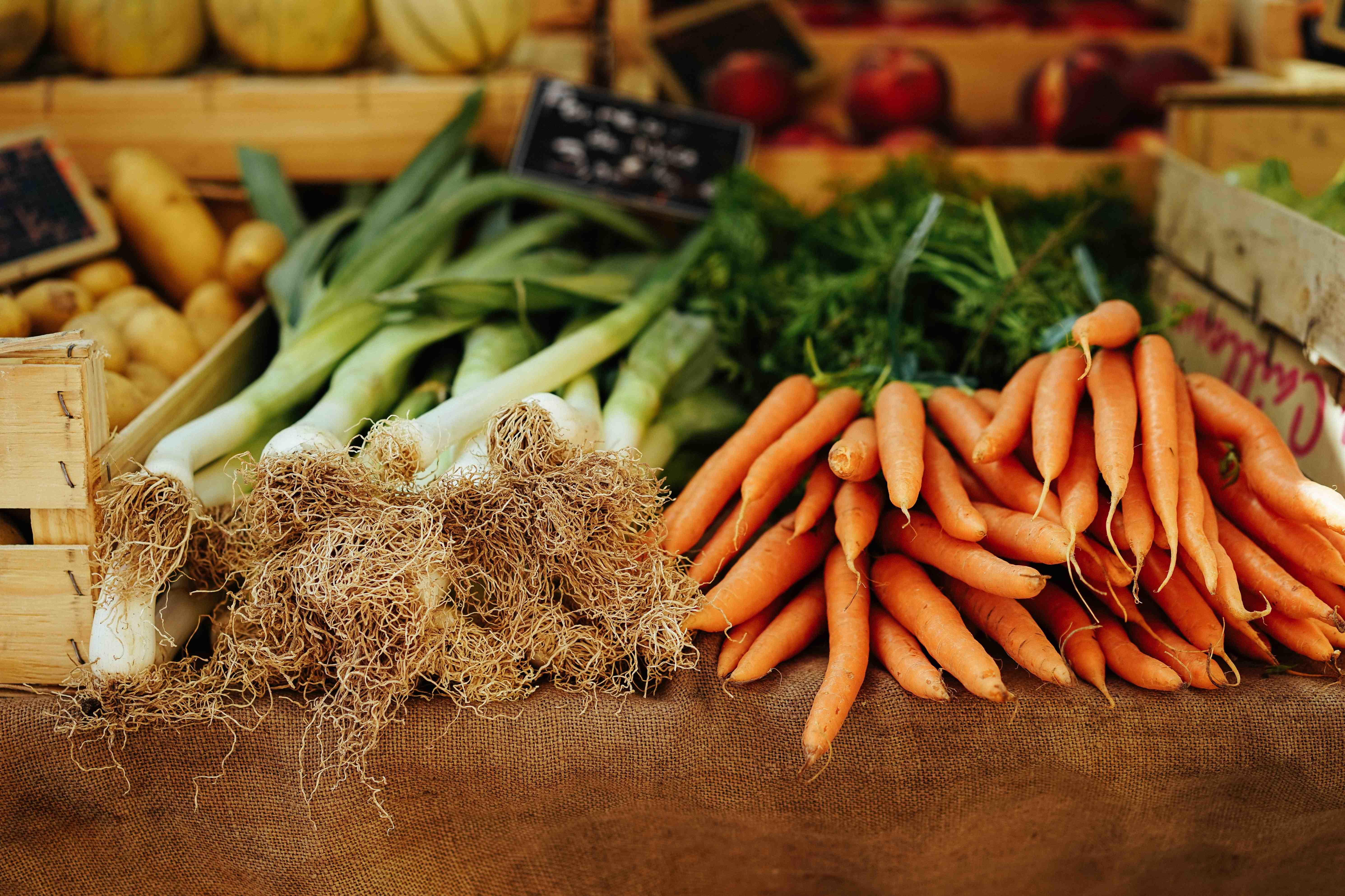 Fresh vegetables lined up at a market stand