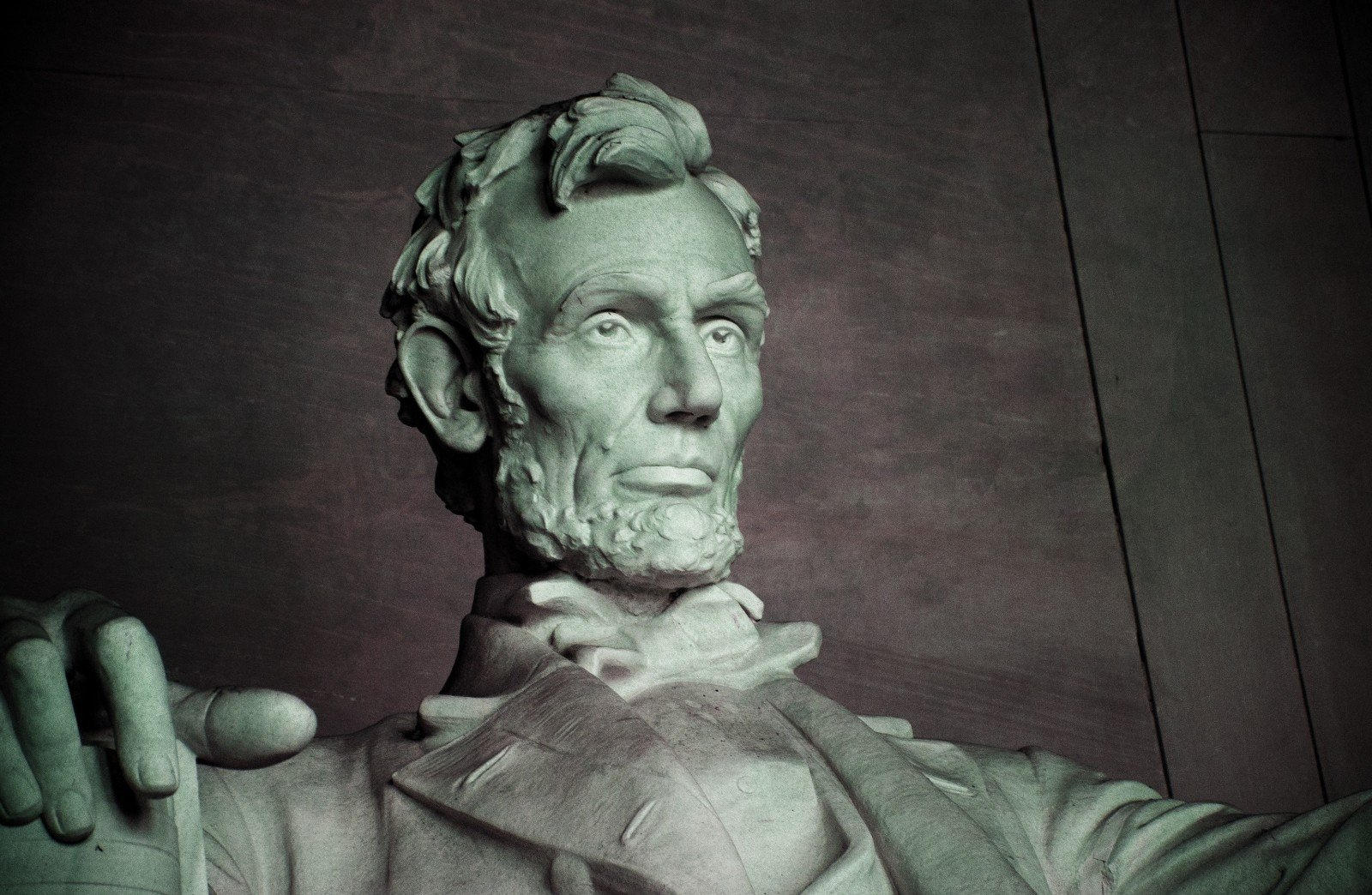 view of a statue of Abraham Lincoln with a closeup on his face
