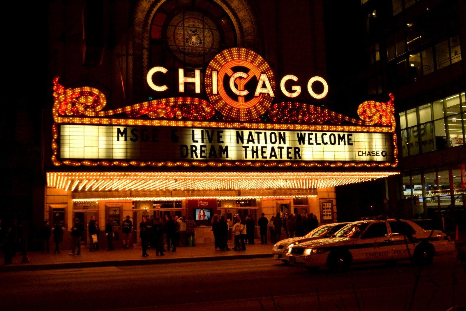 Outside view of Chicago theatre sign at night time