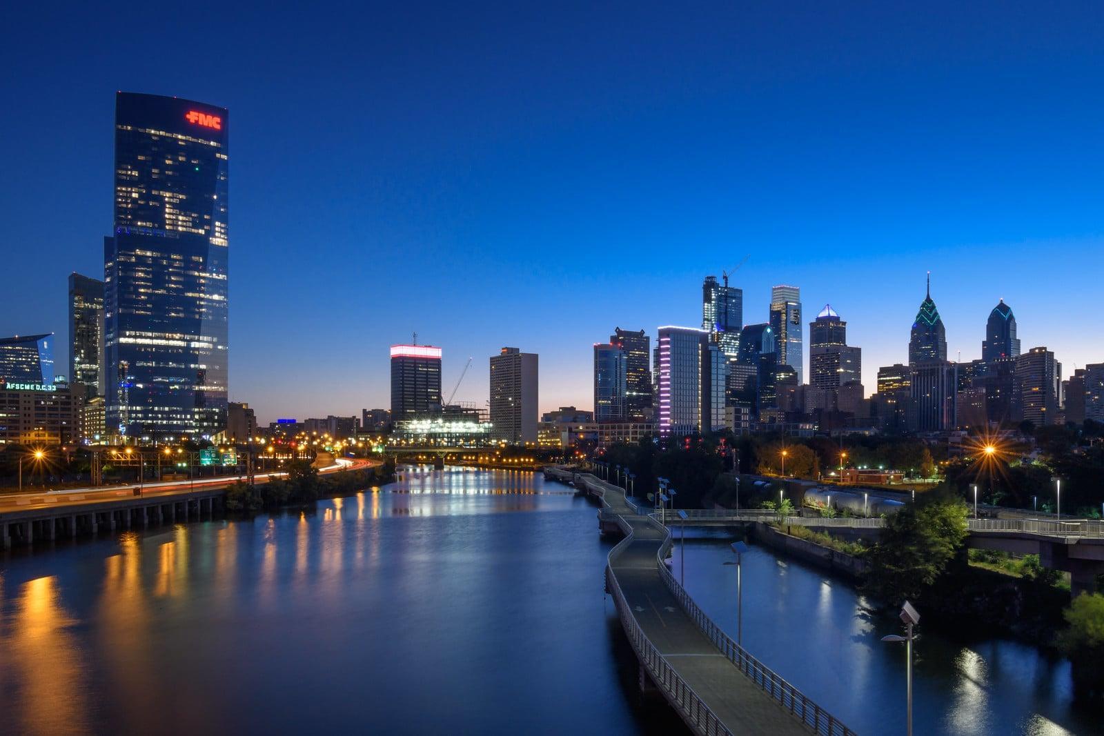 View of Philadelphia at night with a view of the river
