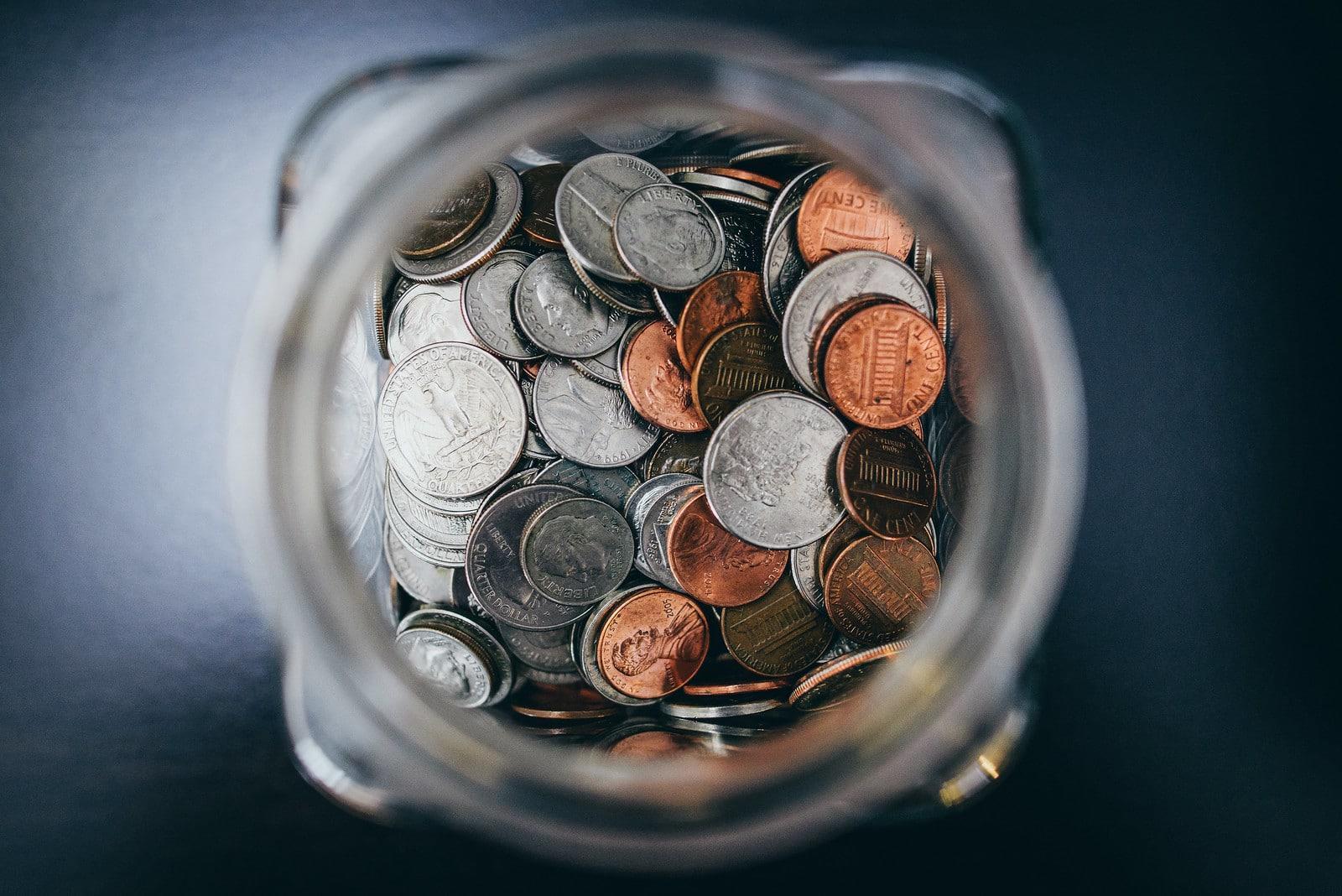 view of USA coins in a glass jar