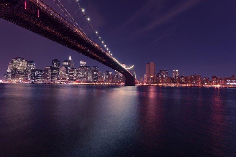 View of city and bridge over river