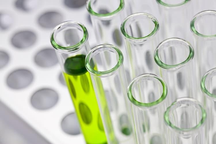 A tray of test tubes with one holding a green liquid. 