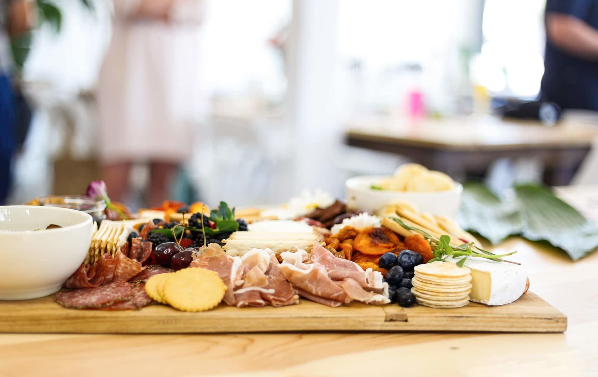Splatter of food on display on a wooden board.