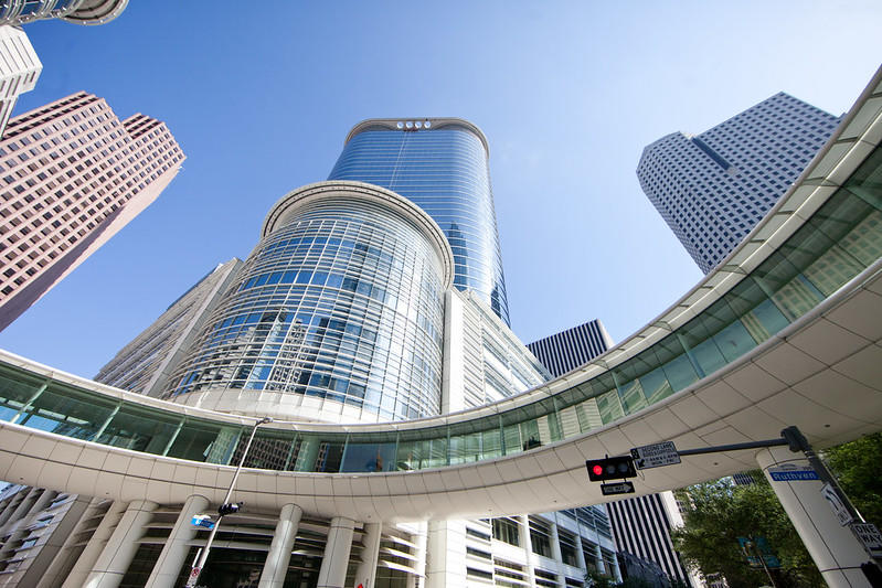 A picture of Houston's inner city skyscrapers.