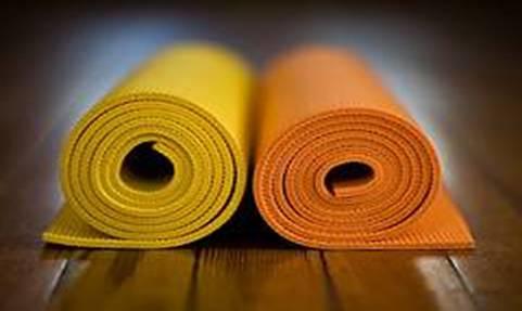Two yoga mats lay rolled together.