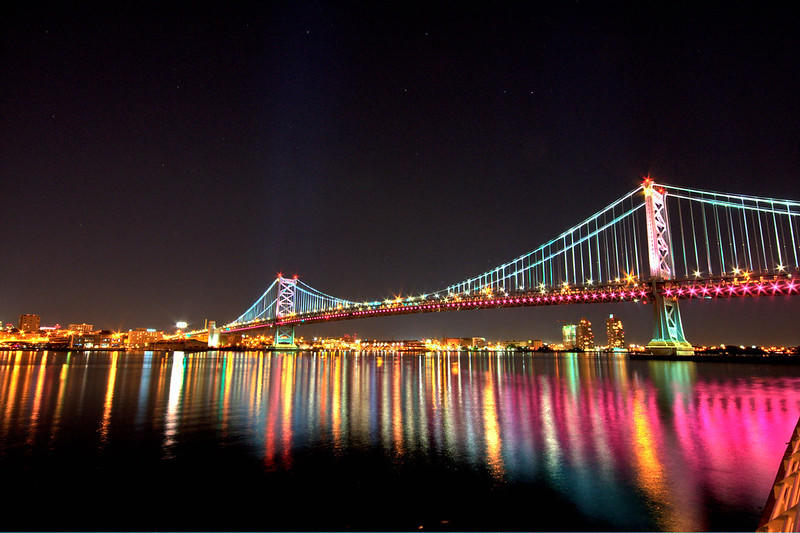 A lit up bridge in Philadelphia.