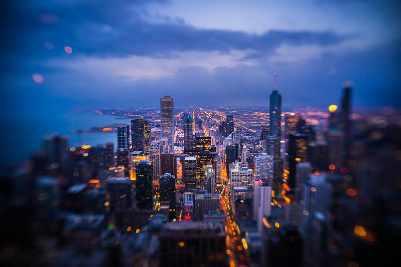 The Chicago skyline under the clouds.