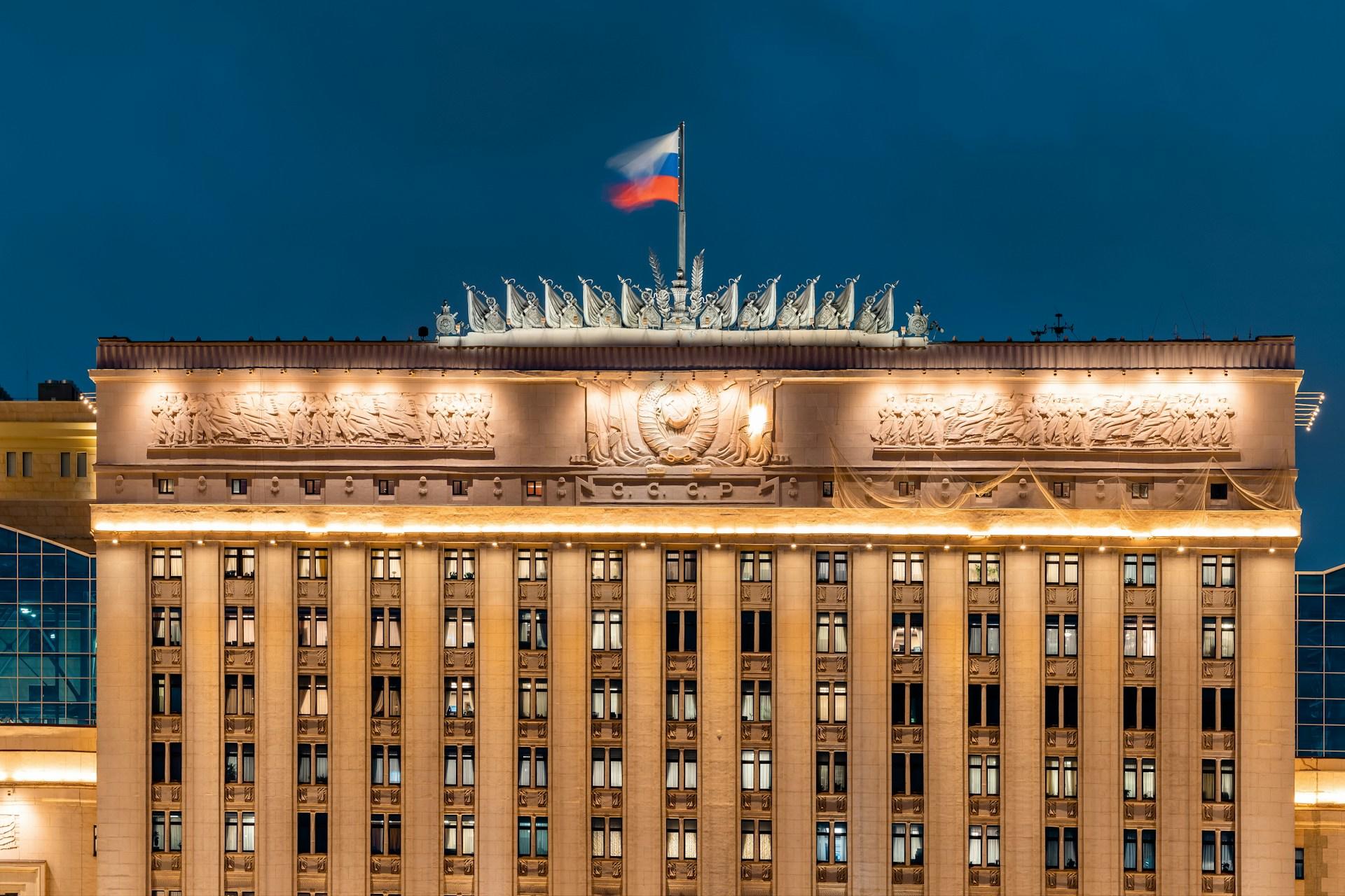 A Russian theater with the country's flag on top
