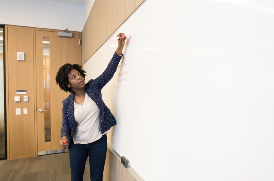 English Tutor teaching on a blackboard