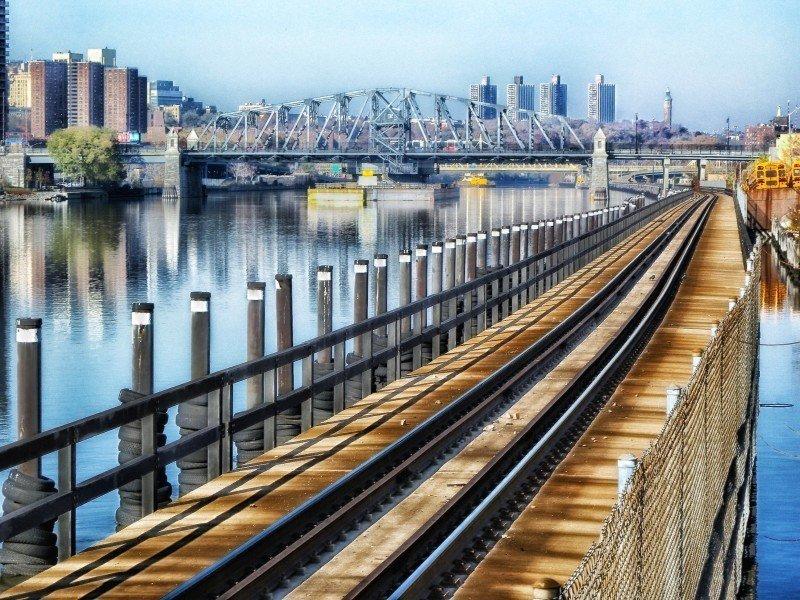 A railway track overlooking the city.