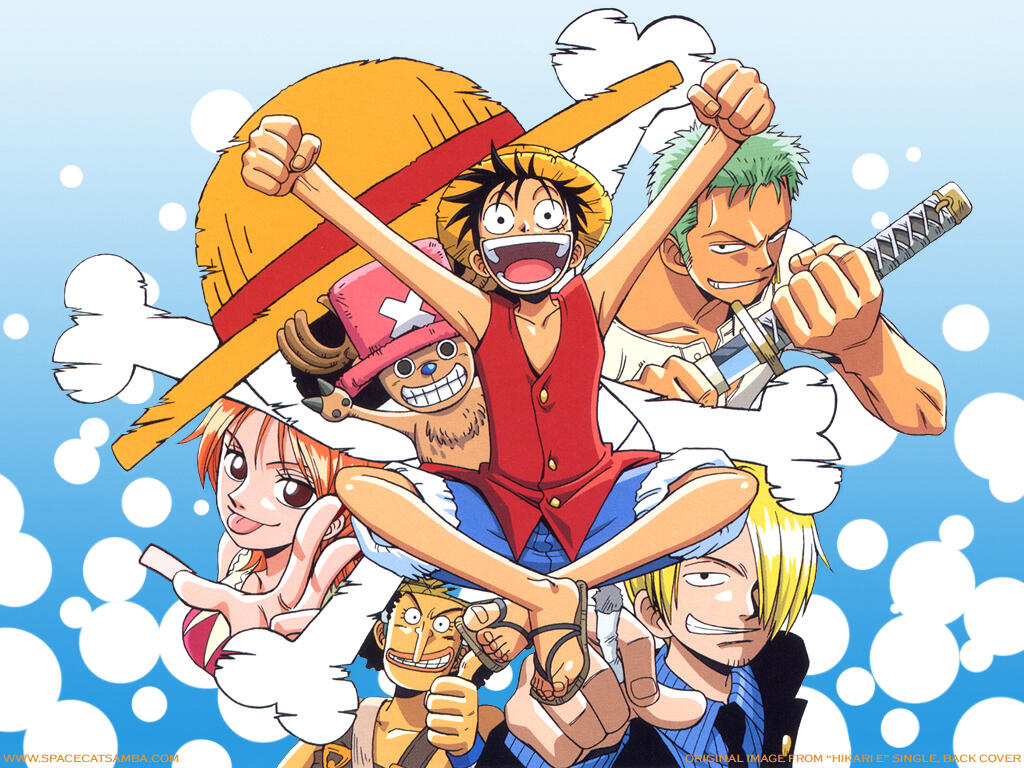 The first six members of the Strawhat Crew in One Piece.