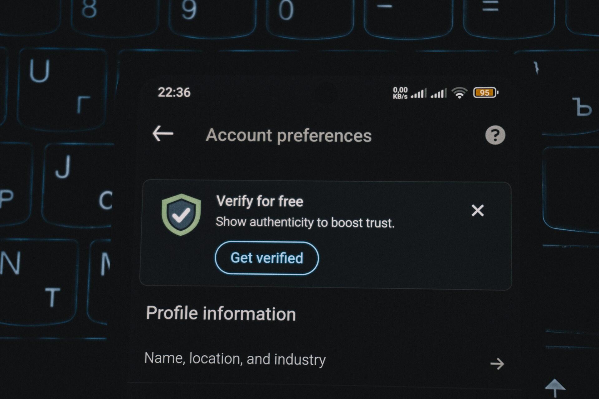 A screen verifying an online profile.