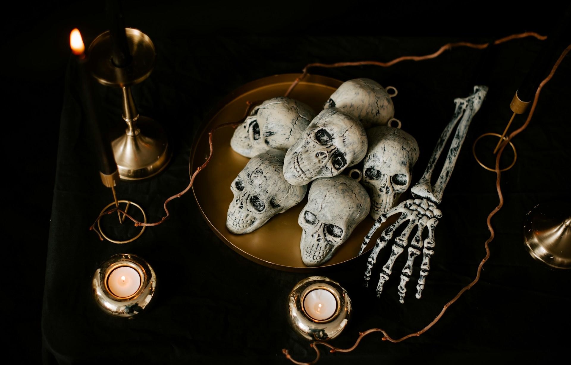Skull decorations on a table