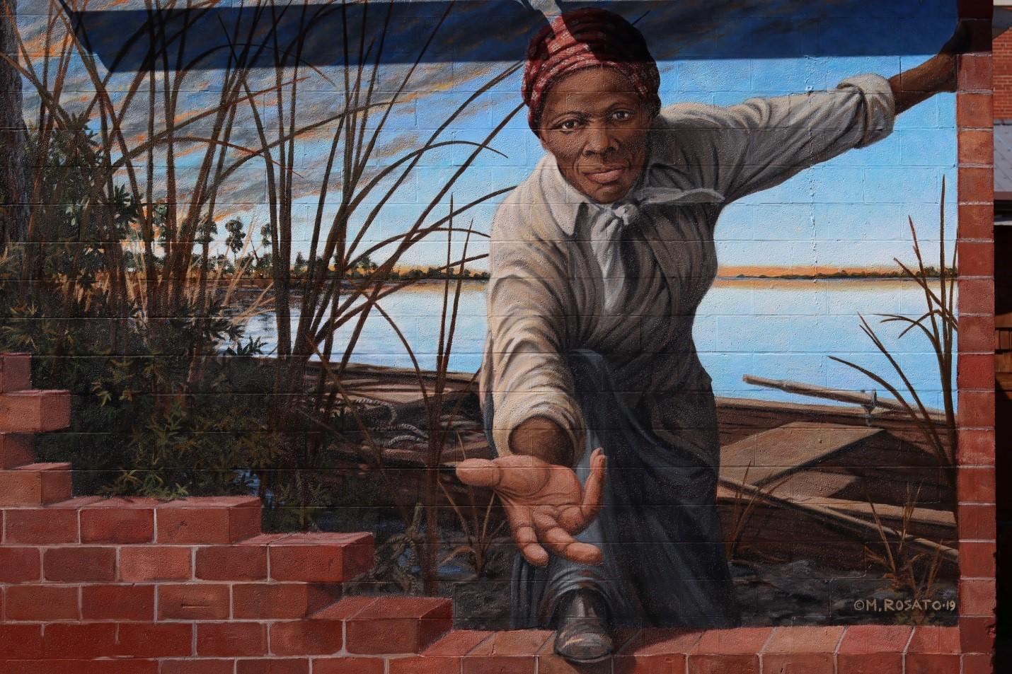 A mural of Harriet Tubman, who helped free several enslaved people during the United States Civil War. In recent times there have been debates regarding putting Tubman's face on United States Currency
