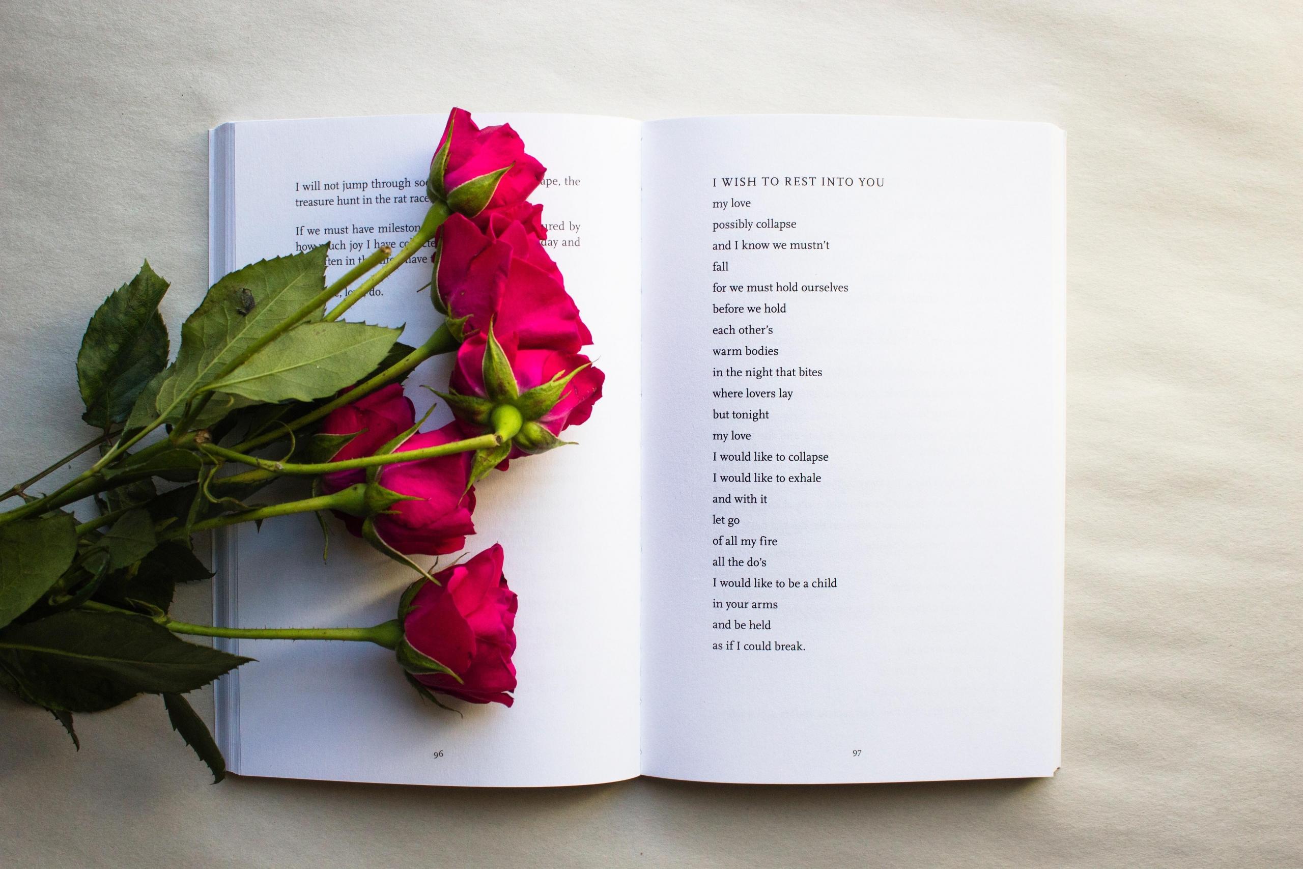 A literature book with red roses. Poetry is often used to express love and romance, which transcends cultural and national boundaries.