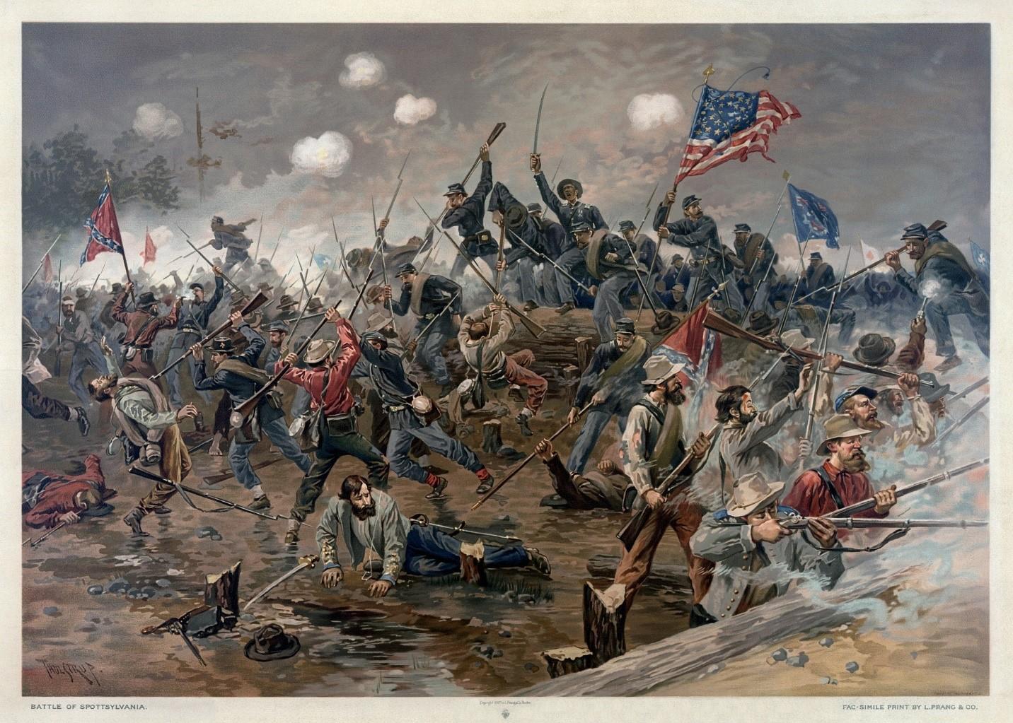 A painting of a violent scene from the American Civil War showing the clash between the Union and the Confederate forces. The people fighting were often in regular home clothes and breaches because they were conscripted to fight overnight