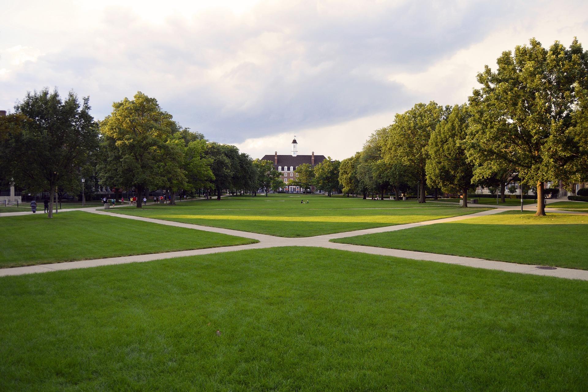 A grass field with trees, a paved path, and a college building in the background. University life allows you to live away from home and get a taste of life as an adult. Although some newcomers may be overwhelmed by the campus's size, some may see it as a challenge to explore it before the end of their degree!