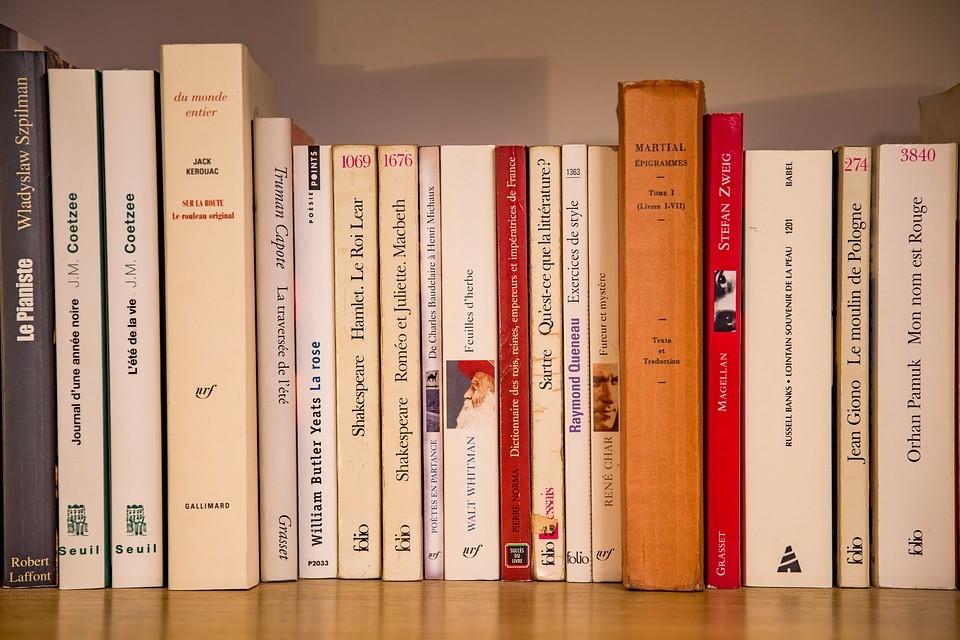 Several classic French language and literature books aligned perfectly on a bookshelf. The collection contains many classics and autobiographies and the French version of Shakespeare’s Romeo and Juliet and Macbeth
